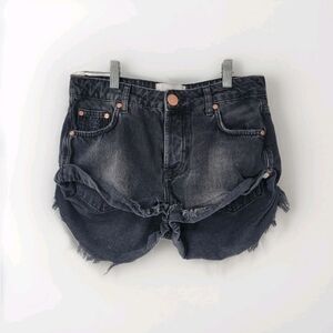 One Teaspoon Shorts Bandits Women's 25 Black Distressed Boho Denim Button Fly